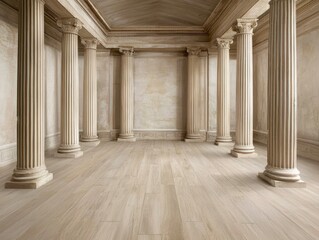 Fototapeta premium A spacious room with tall, classical columns, featuring light-colored walls and flooring, creating an elegant and timeless atmosphere.