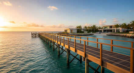 Fototapeta premium A long wooden pier stretches into the calm turquoise ocean at sunset, with modern luxury buildings and palm trees on the distant shore under a warm sky.