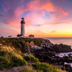 Coastal lighthouse at sunrise with vibrant sky and ocean