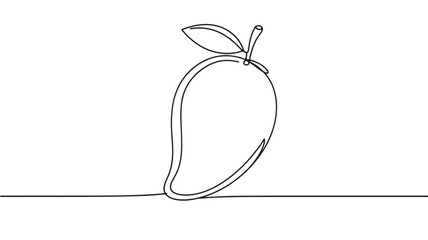 Minimalist single line drawing of a fresh mango with a leaf against a clean white background