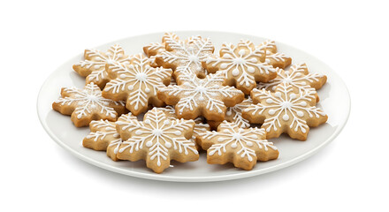 Snowflake shaped sugar cookies with white icing on white plate