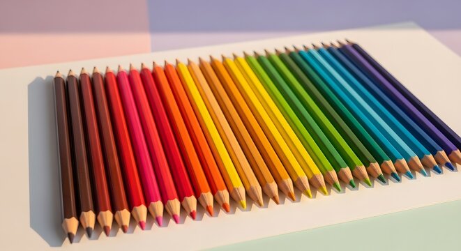 A set of vibrantly colored pencils neatly arranged on white paper. The pencils form a colorful spectrum against a soft pastel background.