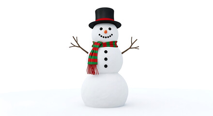 Snowman with black hat and striped scarf on white background