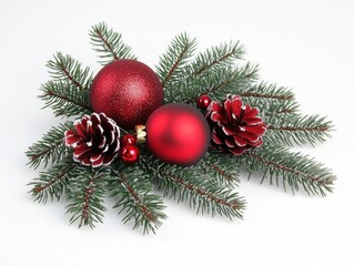A festive Christmas arrangement featuring pine branches, cones, red berries, and shiny ornaments in gold and red tones on a white background.