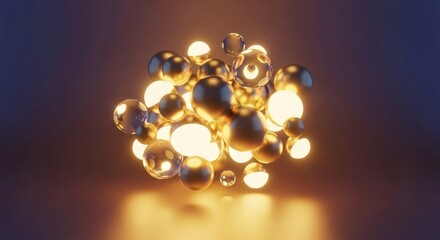 A mesmerizing cluster of glowing orbs and reflective metallic spheres floating in a dark space.