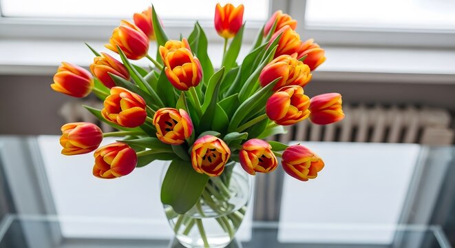 A bouquet of vibrant orange and red tulips sits in a clear glass vase on a table, with a window and blurred background, creating a cheerful and inviting spring atmosphere.