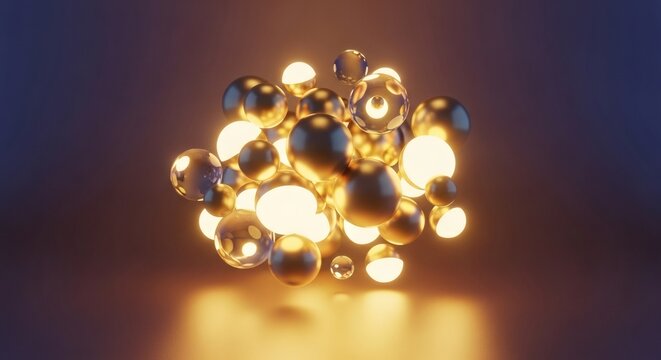 A mesmerizing cluster of glowing orbs and reflective metallic spheres floating in a dark space.