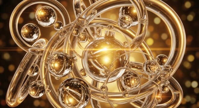 An intricate abstract structure of swirling golden glass tubes and spheres with a glowing central core. - Powered by Adobe