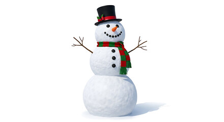 Snowman with black top hat and red green scarf winter