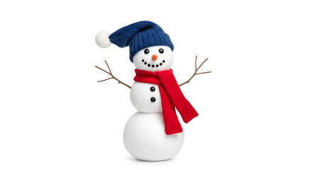 Snowman with blue hat and red scarf on white background