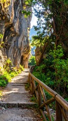 Mountain path, wooden fence, lush greenery