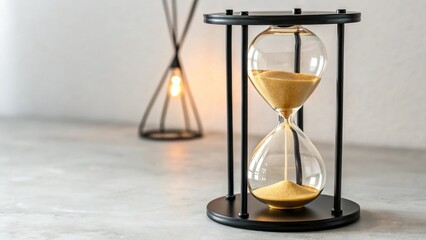 Elegant hourglass with golden sand running, symbolizing time passing and management