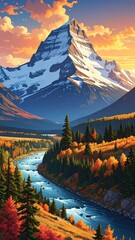 Mountain peak, autumnal valley, flowing river