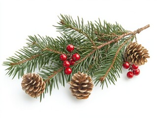 A festive Christmas arrangement featuring pine branches, cones, red berries, and shiny ornaments in gold and red tones on a white background.