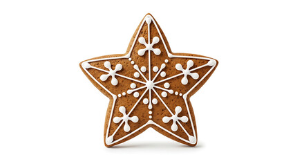 Star shaped gingerbread cookie with white icing snowflake design
