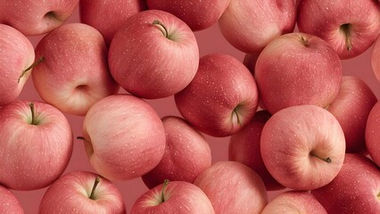 A close-up of many pink apples piled together. Concept Close-up of pink apples piled together, Macro photography of pink apples, Glossy pink-red apple skins, Abundant apple heap with rich color