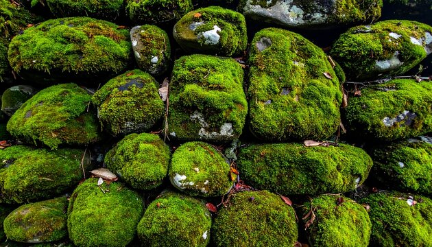 Close-up of a stone wall completely covered in vibrant green moss - Powered by Adobe