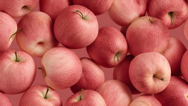 A close-up of many pink apples piled together. Concept Close-up of pink apples piled together, Macro photography of pink apples, Glossy pink-red apple skins, Abundant apple heap with rich color