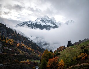 Mountain peak shrouded in autumn mist