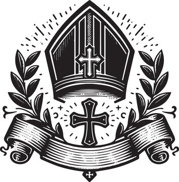 Illustration of a Religious Symbol with a Mitre, Cross, Laurel W