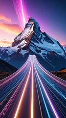 Mountain peak, vibrant streaks of light on road