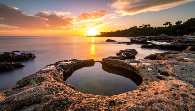 Coastal sunset reflecting in tide pools. Colorful sky, calm sea, rugged shoreline