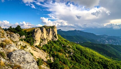 Mountain peak with rocky cliffs, lush green forests, and a partly cloudy sky