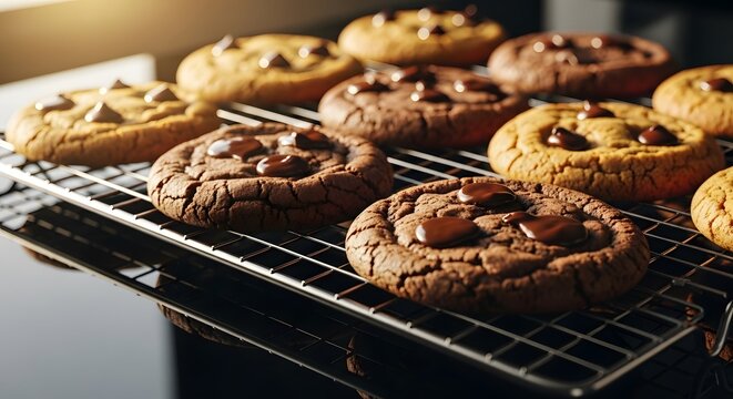 Freshly baked warm chocolate chip cookies cooling on a wire rack. The golden brown and dark brown cookies with melted chocolate chips are a tempting treat.