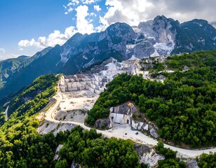 Mountain quarry, pale stone, lush foliage