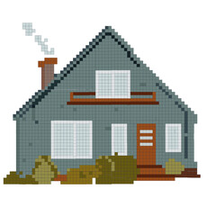 Brick house pixel art. Cottage front view 8 bit sprite. Game development, mobile app.  Vector stock illustration. Isolated on a white background.