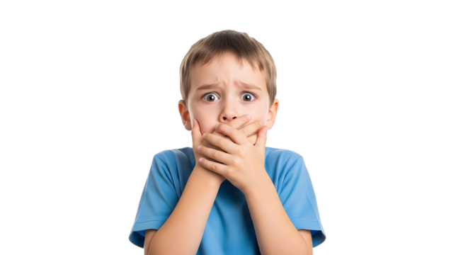 A young boy's shocked expression as he covers his mouth with his hands on a white background