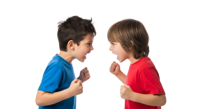 Two young boys facing each other with angry expressions, symbolizing conflict and disagreement in childhood