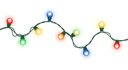 String of colorful glowing Christmas lights on white background