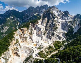 Mountain quarry, white marble, aerial view