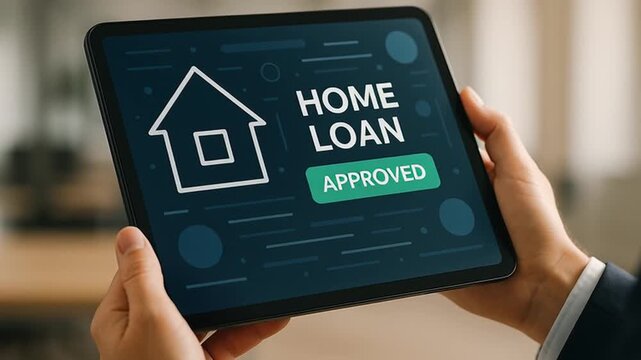 Home loan approved on digital tablet screen held by person showing finance success and financial opportunity for property purchase loan application and business growth in modern economy