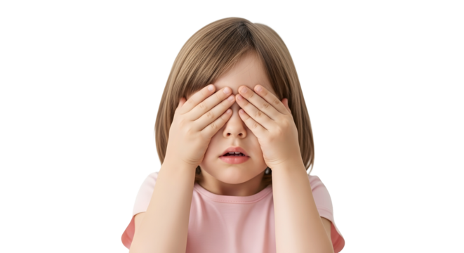 Little girl covering her eyes playfully, peeking through her fingers, curious and innocent expression
