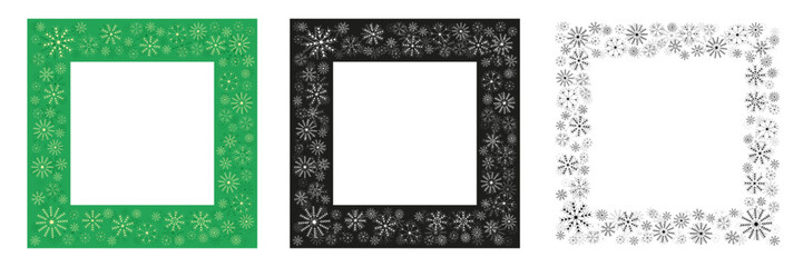 Christmas square frame with snowflakes. Black, white and colorful empty border for winter holidays