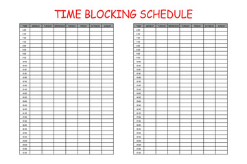 24 Hourly Weekly Schedule - Monday Start. Mockup for daily scheduling and time management. 30-minute increment hourly planner templates. Time Planner.