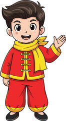 Cute boy cartoon in traditional Chinese outfit, red and yellow festive clothing character, waving child illustration for Lunar New Year design