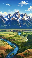 Mountain range, river, valley, landscape, sunny