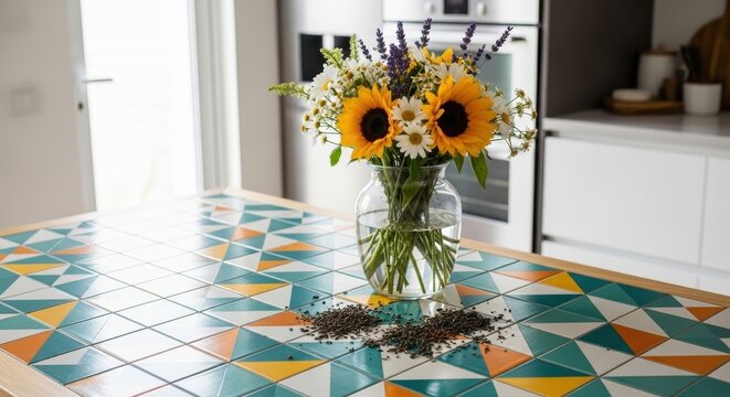 A beautiful floral bouquet of sunflowers in a vase on a table - Powered by Adobe