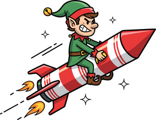 Determined Christmas elf flying on a red rocket, fun cartoon holiday illustration full of festive adventure and Christmas excitement