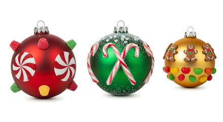 Three Christmas ornaments with candy and gingerbread decorations