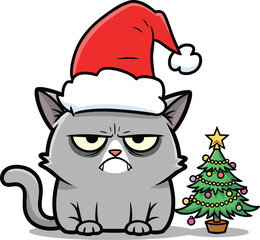 Grumpy Christmas cat wearing Santa hat next to mini Christmas tree, funny holiday cartoon illustration for festive humor lovers