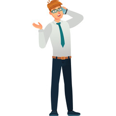 Cartoon Businessman Talking On Phone Gesturing While Wearing A White Shirt Blue Tie And Dark Pants With Glasses Isolated On White Background