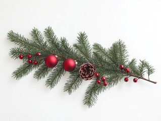 A festive Christmas arrangement featuring pine branches, cones, red berries, and shiny ornaments in gold and red tones on a white background.
