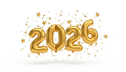 Golden 2026 Balloons with Festive Confetti and Stars Celebration Design.Christmas and New Year concept