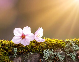 Two delicate, light pink cherry blossoms rest on a moss-covered branch, bathed in warm sunlight. The background is blurred