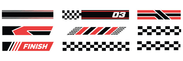 Racing Cars and Race Car Stripes Set Featuring Checkered Flag, Motocross Labels, Dynamic Lines, Motorsport Themes, Racing Stripe Speed, Sport Decals, and Tuning Stickers for Design