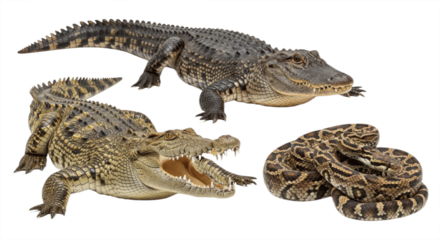 Set of Three Reptiles – Crocodile, Alligator, and Snake Isolated on White Background – Powerful Predator Collection Featuring Dangerous Cold-Blooded Wildlife Species in High Detail for Nature Study